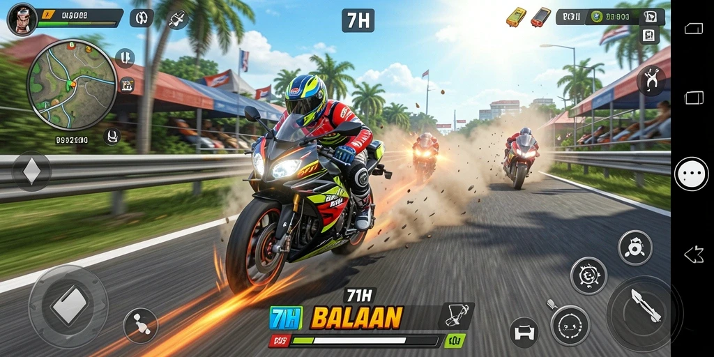 Screenshot menunjukkan aksi balapan motor yang intens dan grafis menakjubkan.