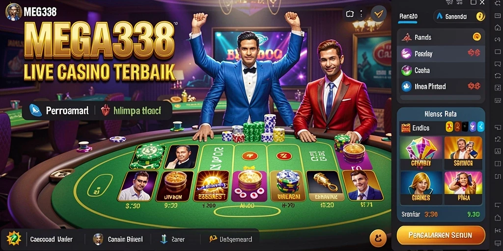 Screenshot MEGA338 menunjukan dealer langsung dan permainan kasino yang mengasyikkan.